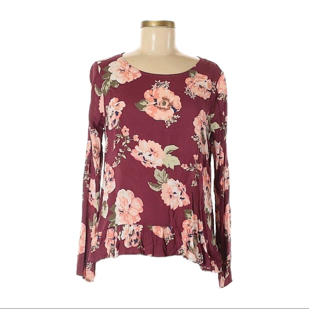 🌺 Boutique C Boho Floral Wine Ruffle Long Sleeve Blouse Size M NWT